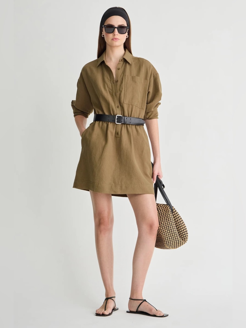Apiece Apart Kora Organic Cotton Linen Utility Shirt Mini Dress Brown Medium